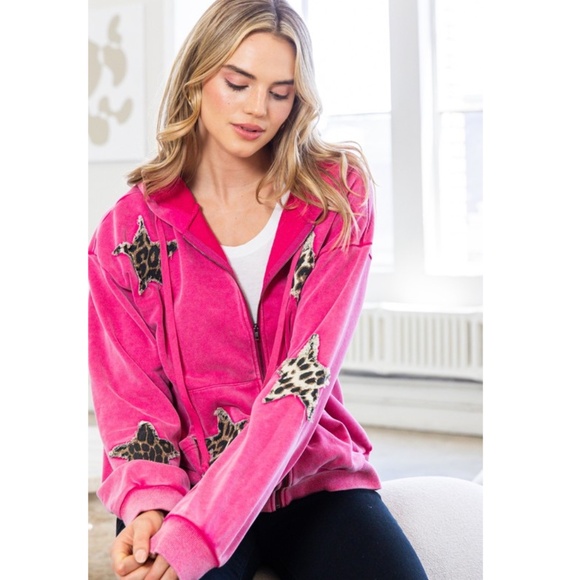 "The Beth" Pink Washed Star Patch Hoodie Jacket - Picture 2 of 4